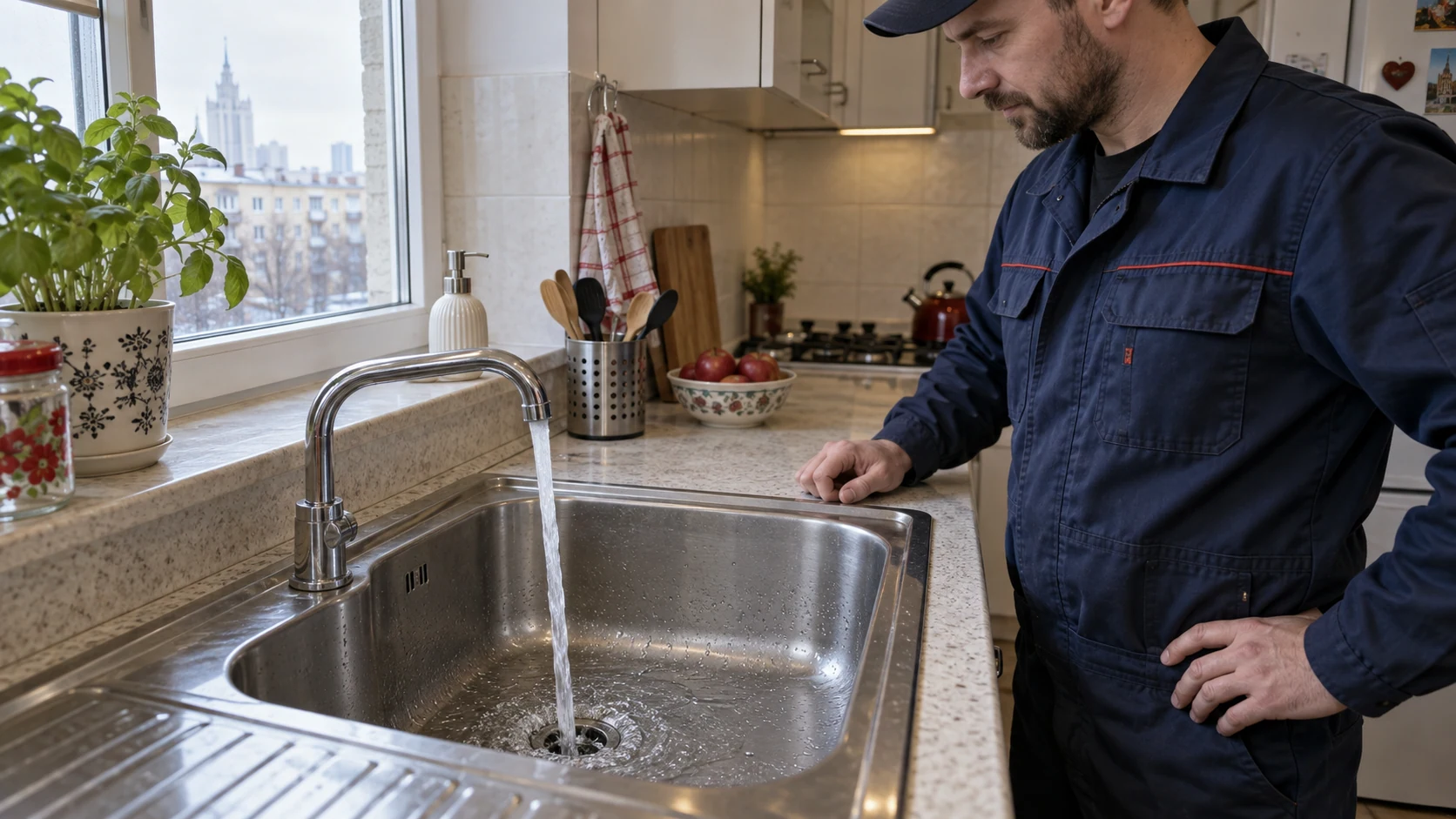 Промывка трубы под мойкой: пример выполненной работы